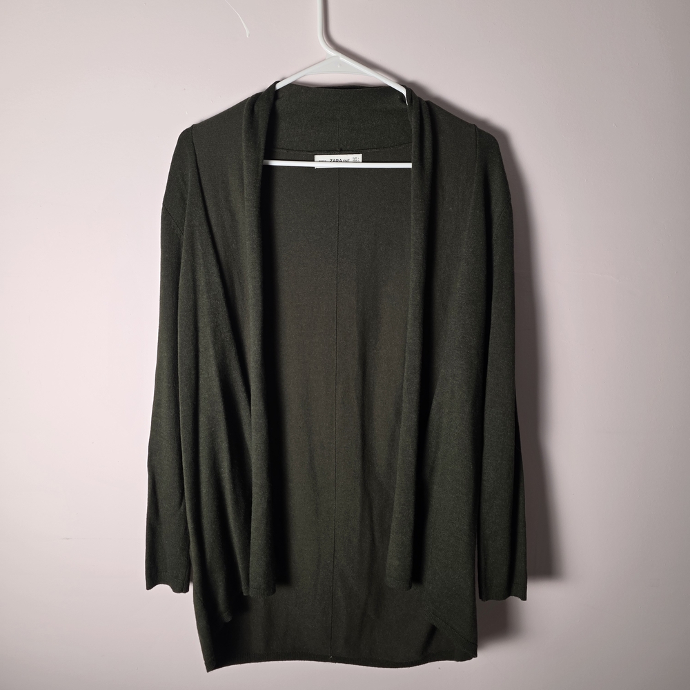 Zara Olive Green Open Front Cardigan Lightweight Drape Long Sleeve Size L